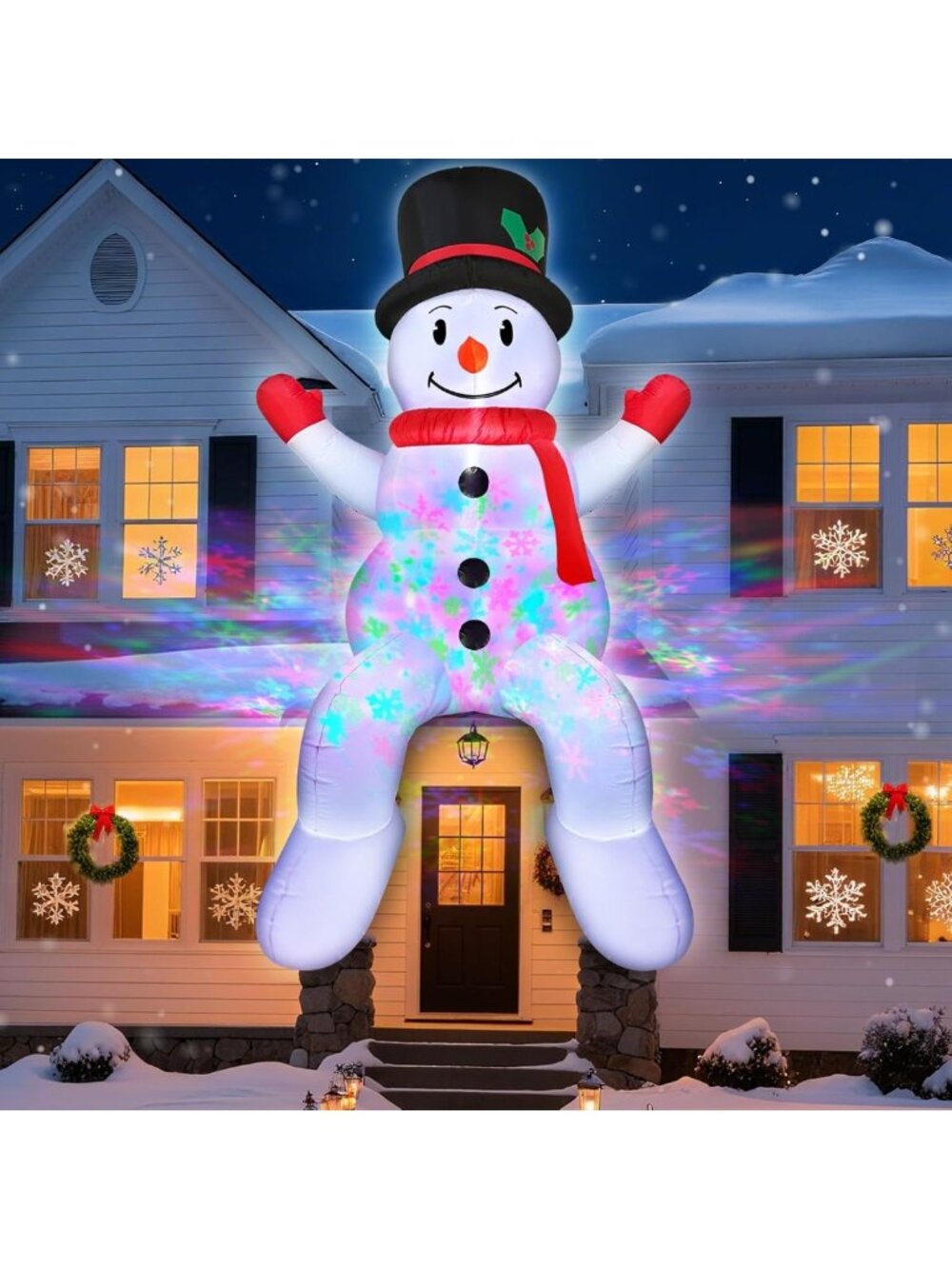 8FT Inflatable Snowman with Rotating Snowflake Lights - Giant Outdoor Christmas